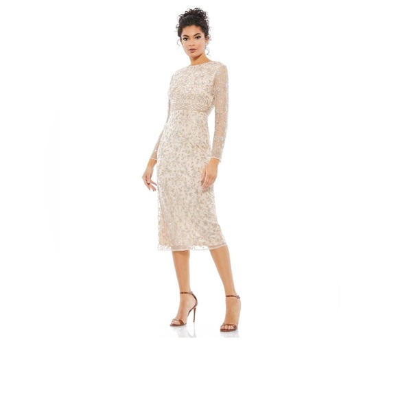 MAC DUGGAL Porcelain sheer long sleeve beaded tea length dress BNWOT - Picture 4 of 10